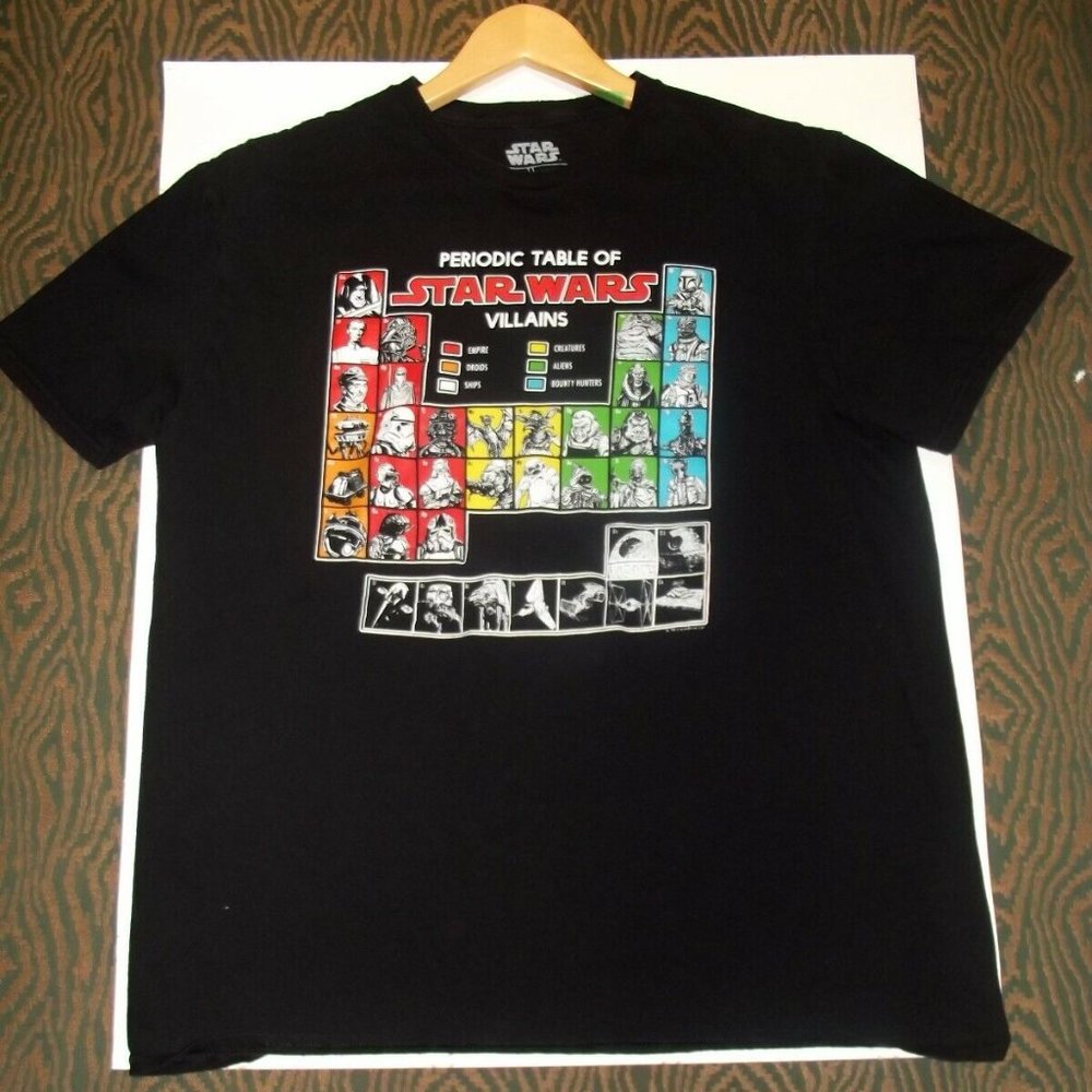 Periodic Table of Star Wars Villains Black Crew Neck T-Shirt Size L 100% Cotton